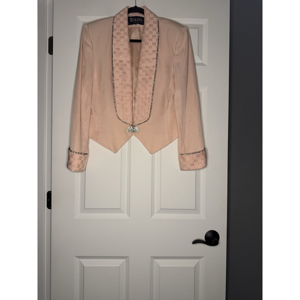 Vintage Solini New York Blazer Jacket Lt Pink Rhinestone Trim Texture Lapel 12